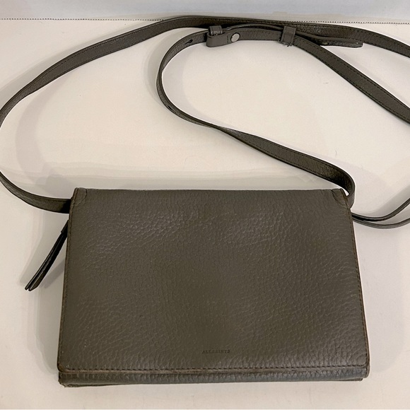 AllSaints Grey Pebbled Leather Crossbody  Purse Wallet - Picture 1 of 14